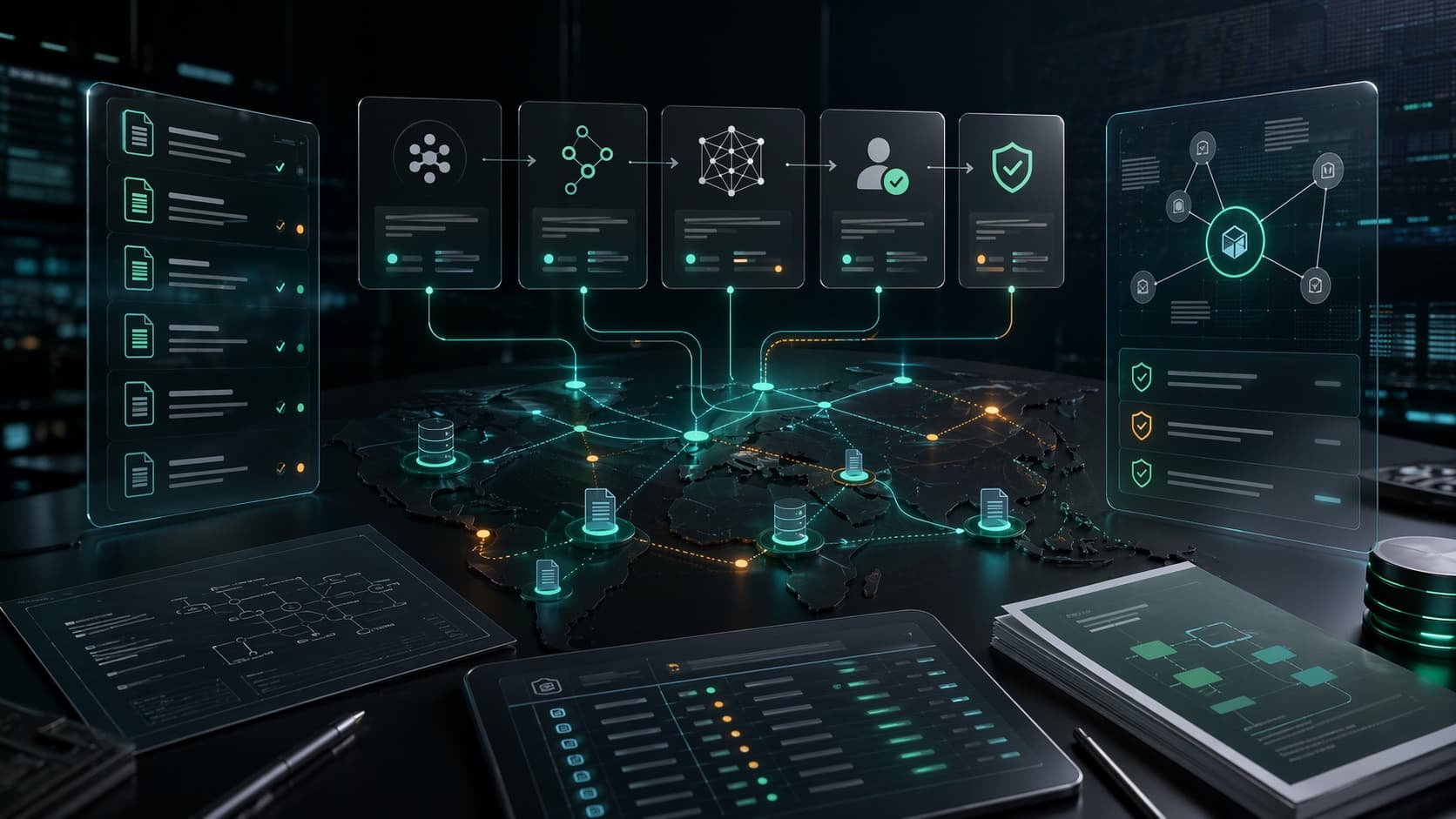 Strukturierte AI-Readiness-Karte mit Datenflüssen, Kontrollpunkten und Risikoindikatoren.