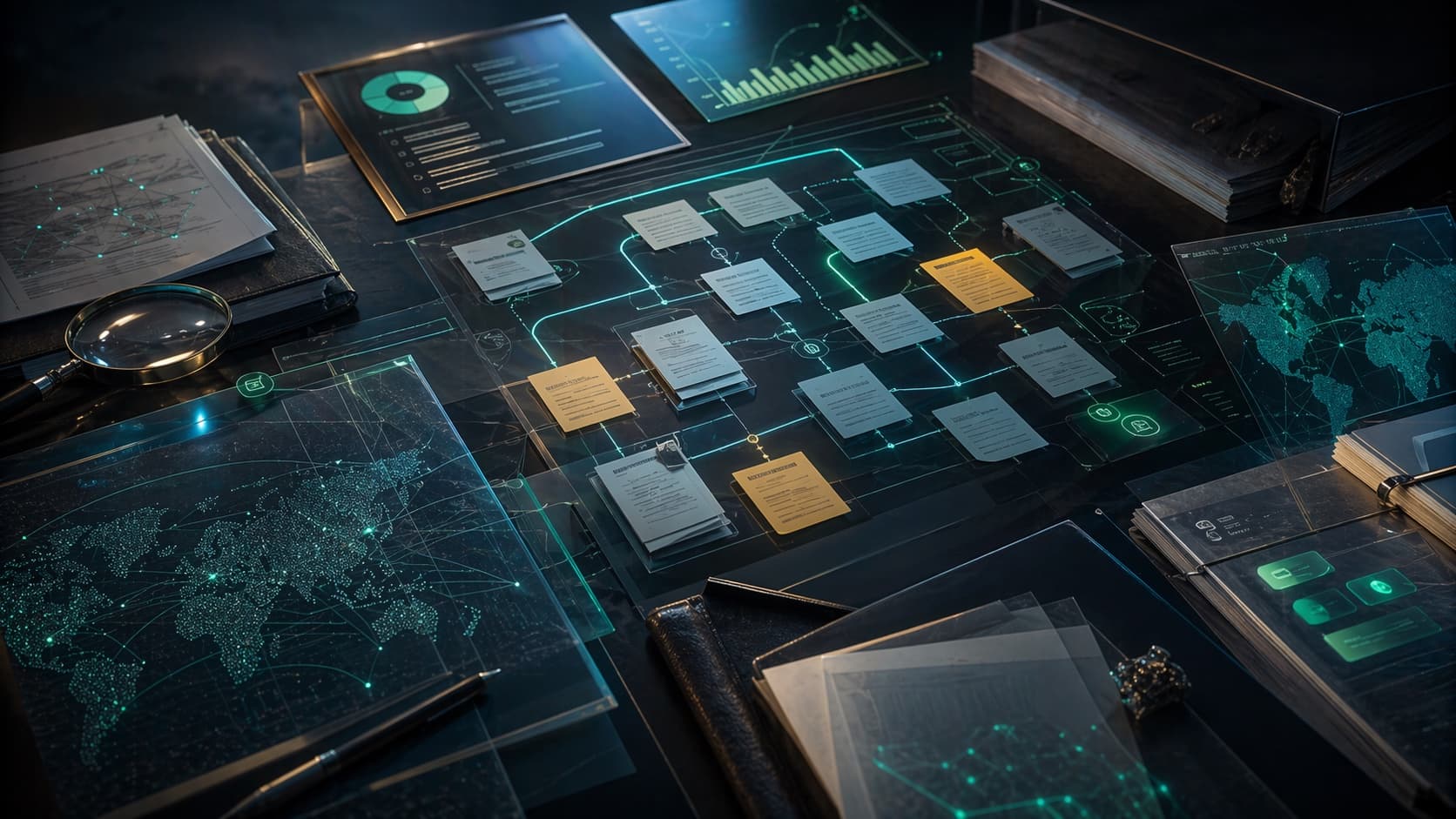 Dunkler Audit-Blueprint mit Datenflusskarten, Risikosignalen und Implementierungsplan.