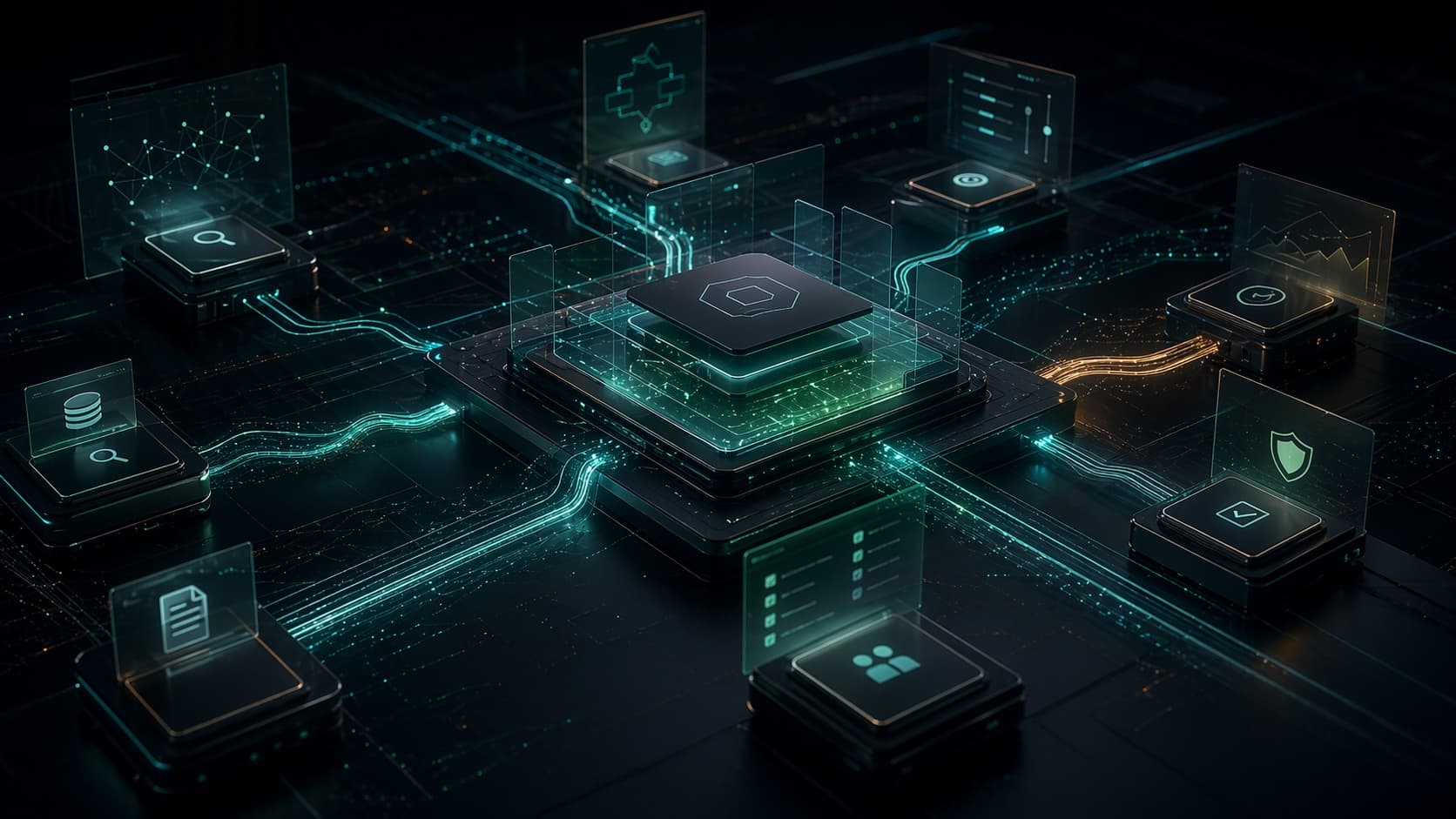 Abstrakte KI-Betriebsschicht mit verbundenen Workflow-Modulen und Review-Gates.