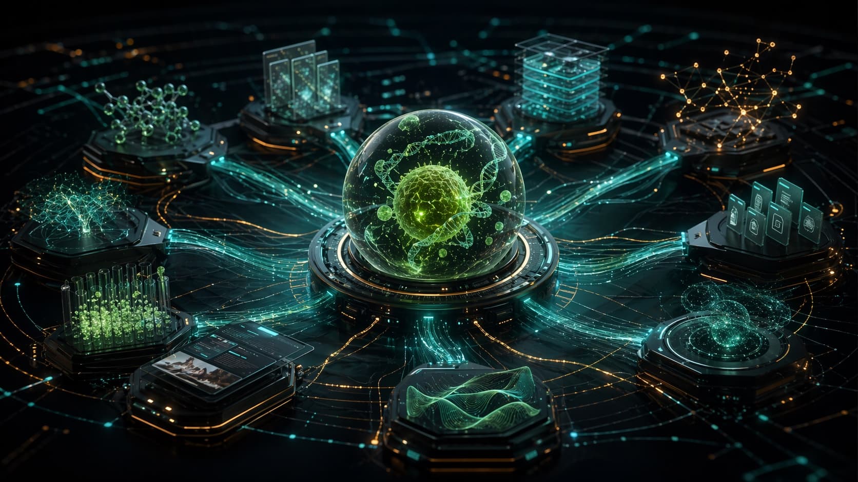 Biologisches Betriebssystem mit Signalströmen, Protokollmodulen und System-Factory-Kern.