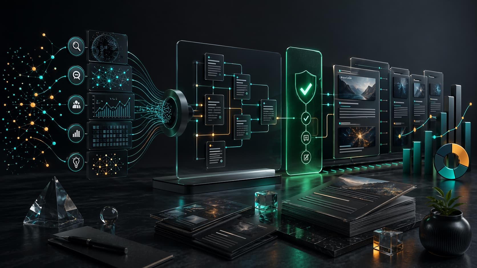 Editoriales Content-Engine-System mit Themenclustern, Review-Pipeline und Analyse-Signalen.